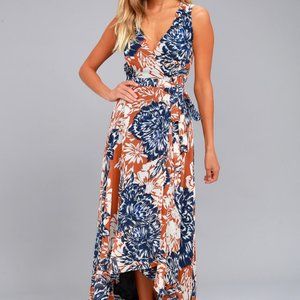 Lulu's Orange and Navy Floral High-Low Wrap Dress